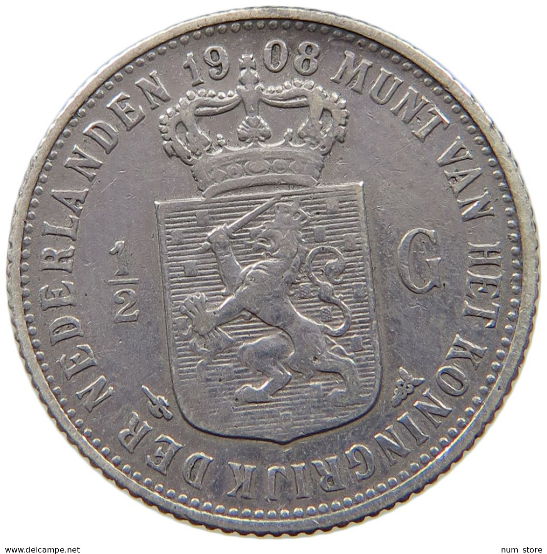 NETHERLANDS 1/2 GULDEN 1908  #MA 011799 - 1/2 Gulden