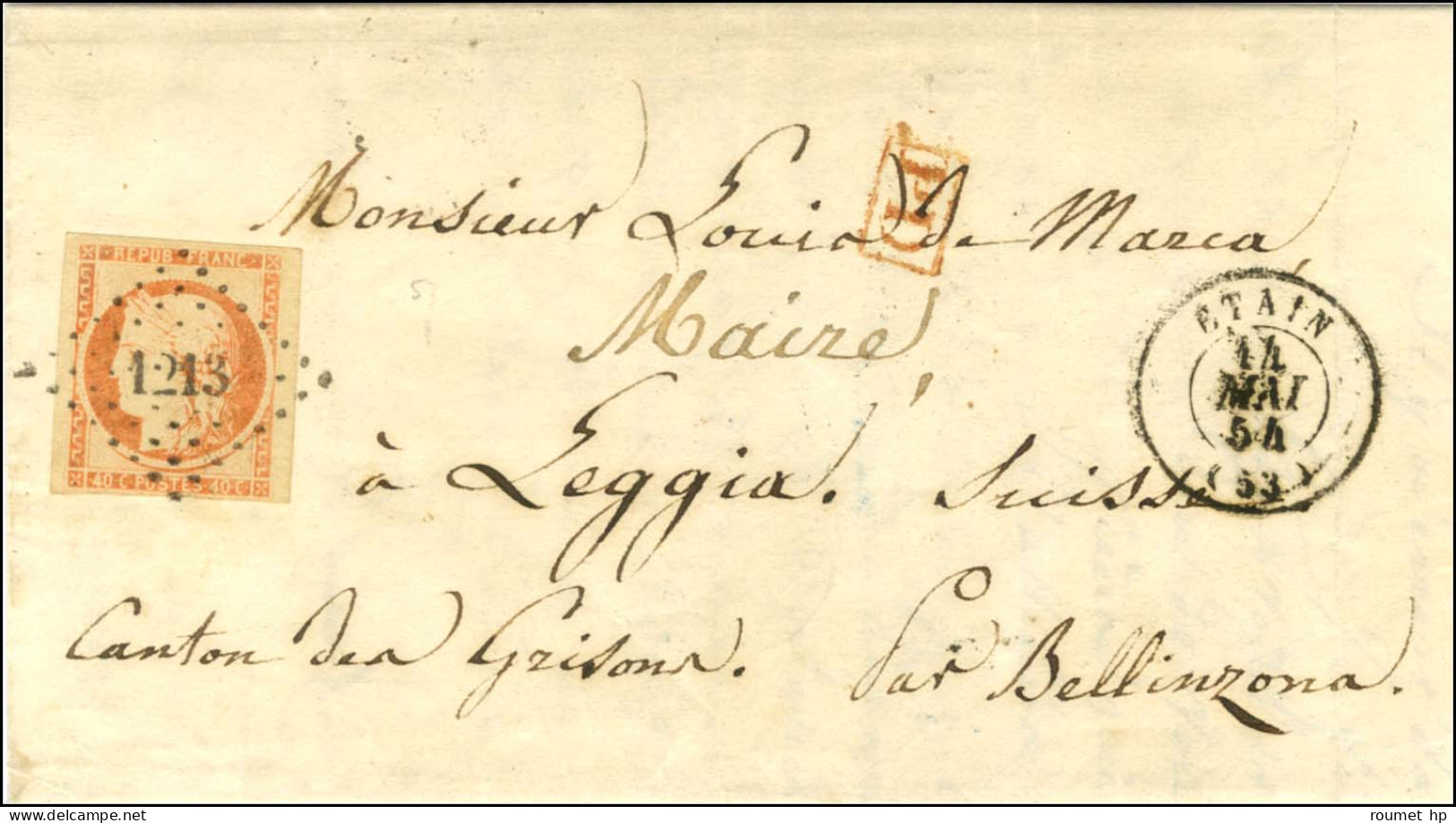PC 1213 / N° 5 Belles Marges Càd T 15 ETAIN (53) Sur Lettre Avec Texte Pour Leggia (Canton Des Grisons). 1854. - TB / SU - 1849-1850 Cérès