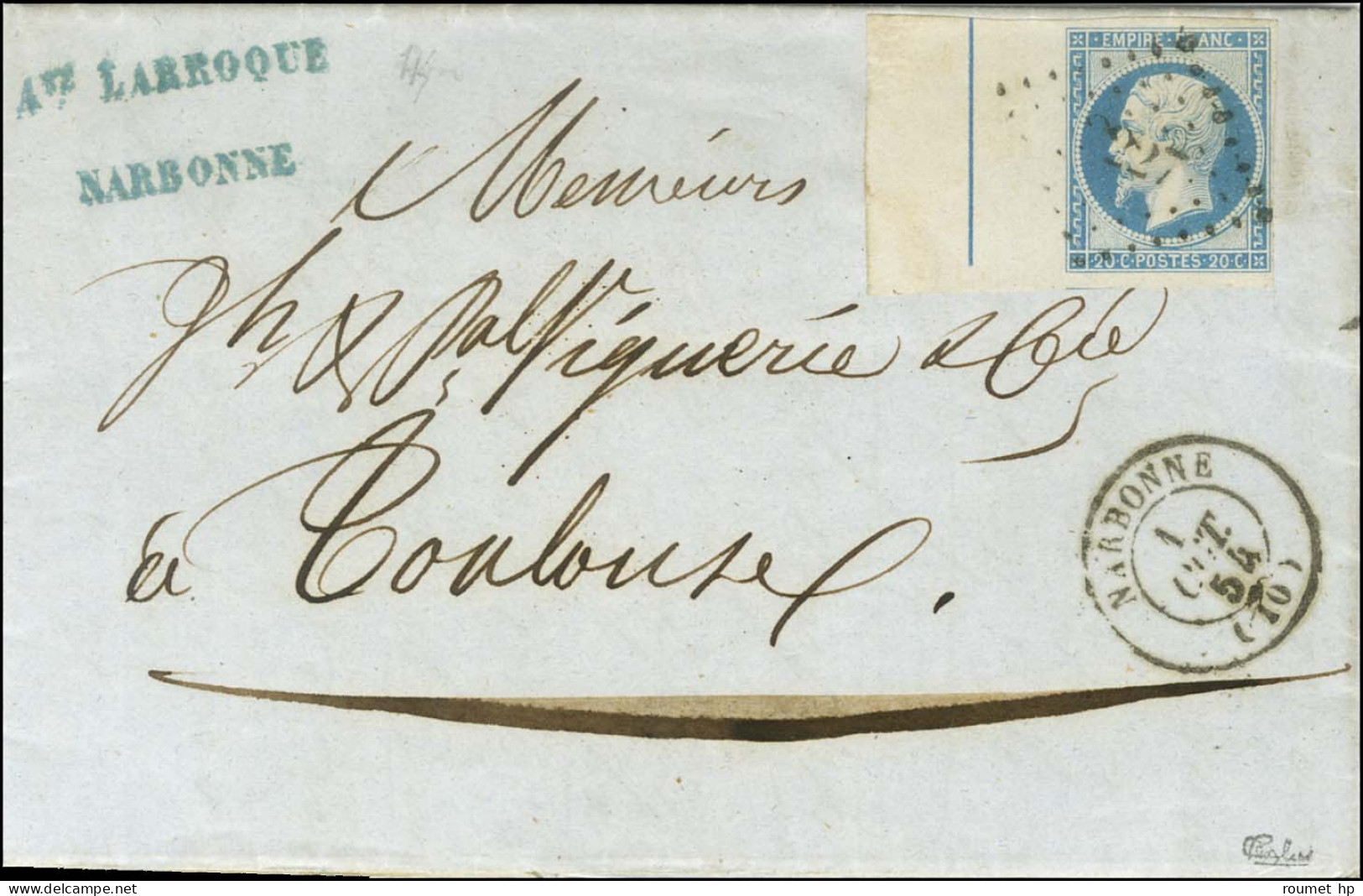 PC 2227 / N° 14 Bleu Laiteux, Bdf Intégral Avec Filet D'encadrement Interrompu Càd T 15 NARBONNE (10) Sur Lettre Avec Te - 1853-1860 Napoléon III.