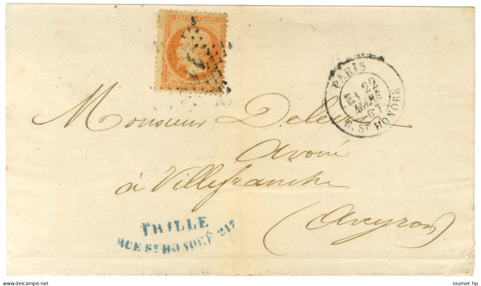 Etoile 11 / N° 23 Càd Rond De Lev. Exp. PARIS / R. ST HONORE E1 Sur Lettre Pour Villefranche. 1867. - TB. - 1862 Napoléon III.