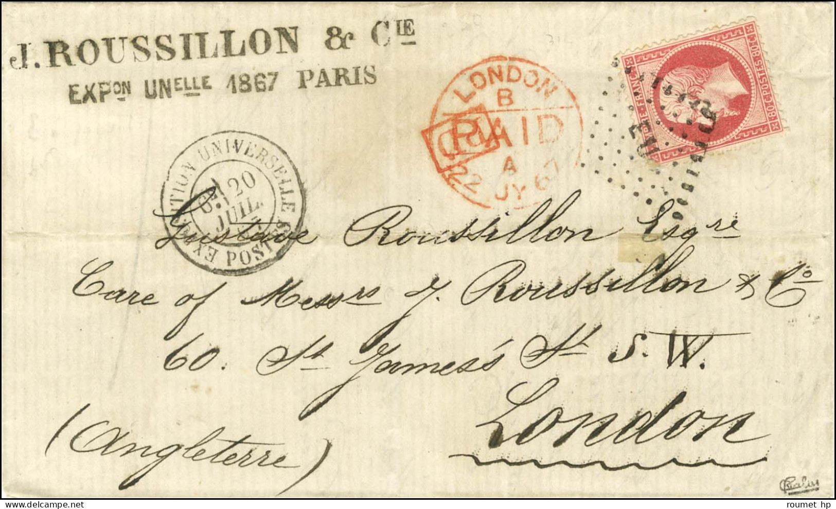 Losange EU / N° 24 Rose Vif Càd EXPOSITION UNIVERSELLE / POSTES 20 JUIL. 67 Sur Lettre 2 Ports Pour Londres. Au Recto, C - 1862 Napoleon III