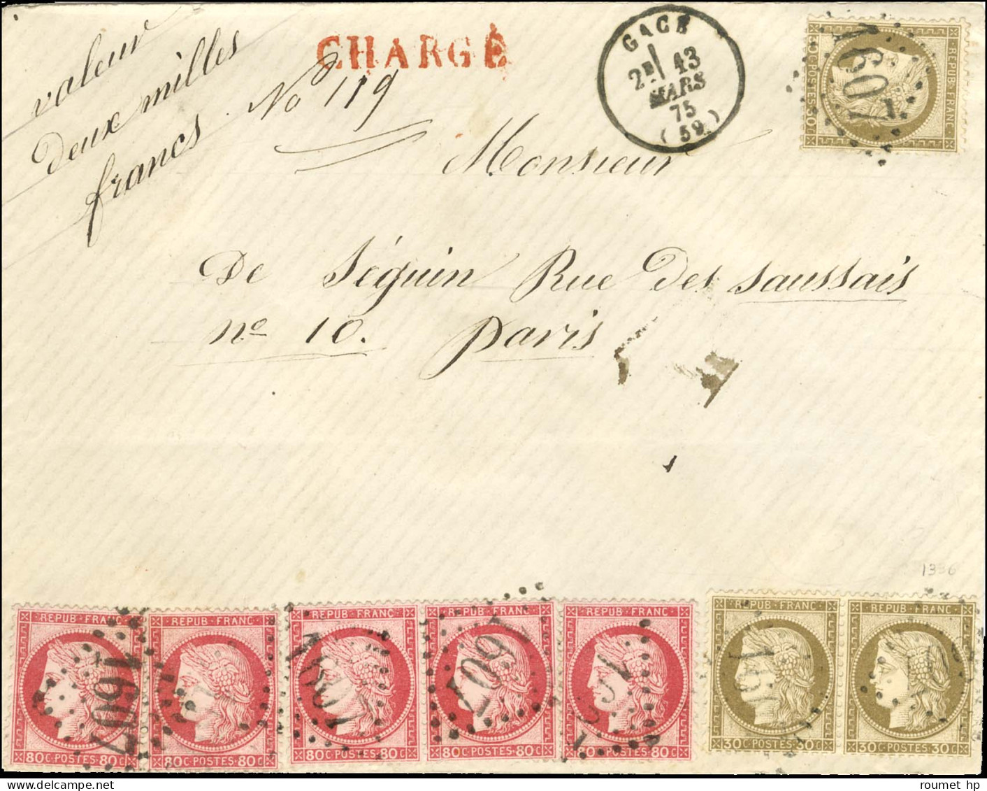 GC 1607 / N° 56 (3) + N° 57 (5) Càd T 16 GACÉ (59) Sur Lettre Chargée Pour Paris. 1875. Bel Affranchissement Composé. -  - 1871-1875 Ceres