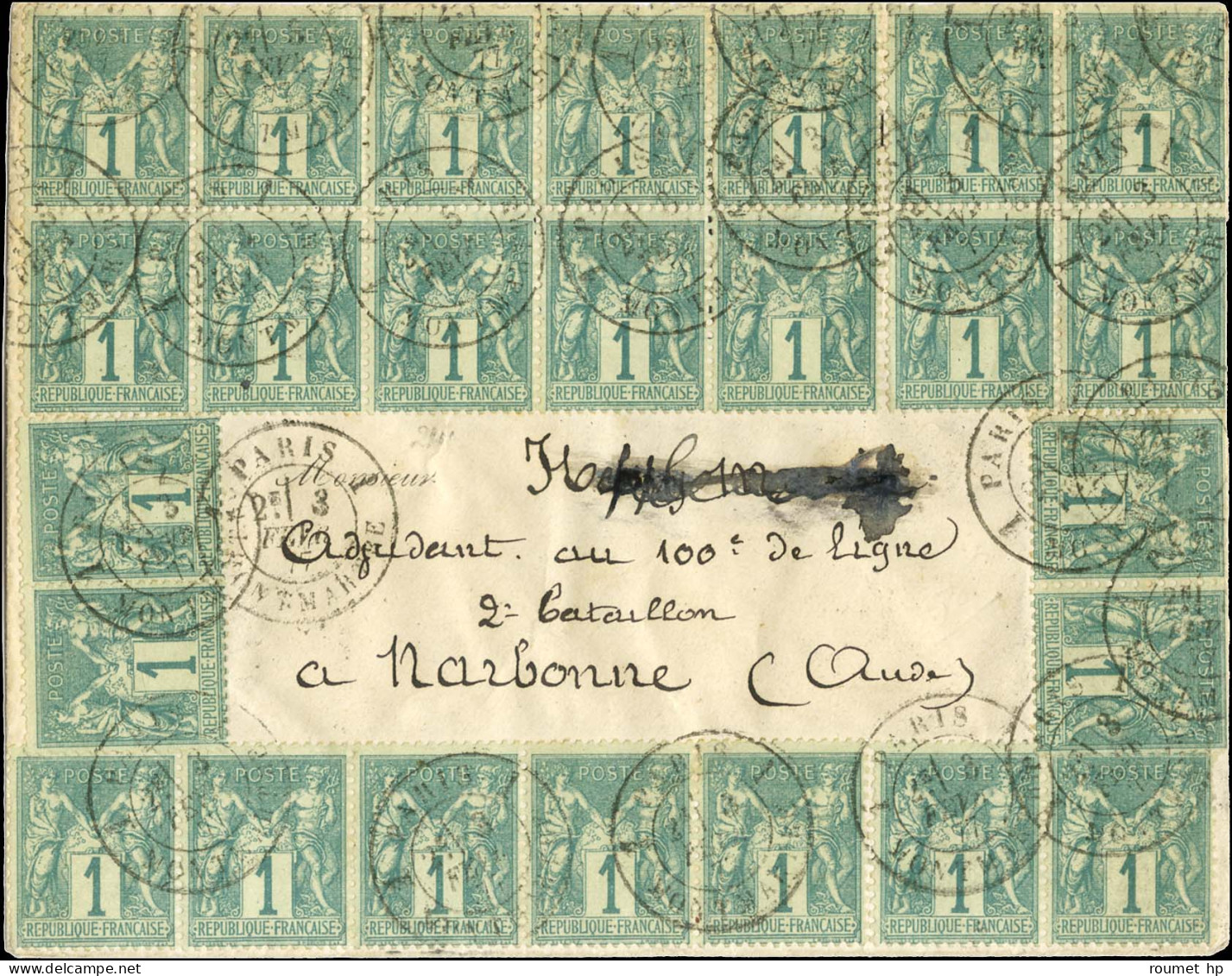 Càd PARIS / MONTMARTRE / N° 61 (bloc De 14 + 11ex) Sur Enveloppe Sans Texte Pour Narbonne. 1877. Extraordinaire Affranch - 1876-1878 Sage (Type I)