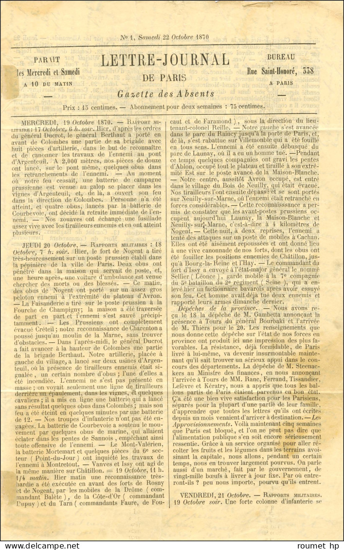 Etoile 31 / N° 37 Càd PARIS / CORPS LEGISLATIF 24 OCT. 70 Sur Gazette Des Absents N° 1 Pour Guipavas (Finistère), Au Ver - Krieg 1870