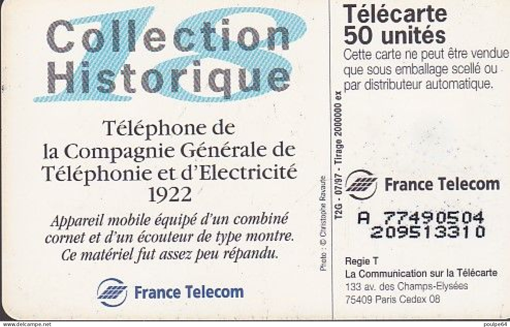F766  07/1997 - C.G.T.E. 1922 - 50 SO3 - (verso N° Petits Deux Lignes - 2ème Ligne Vers La Droite) - 1997