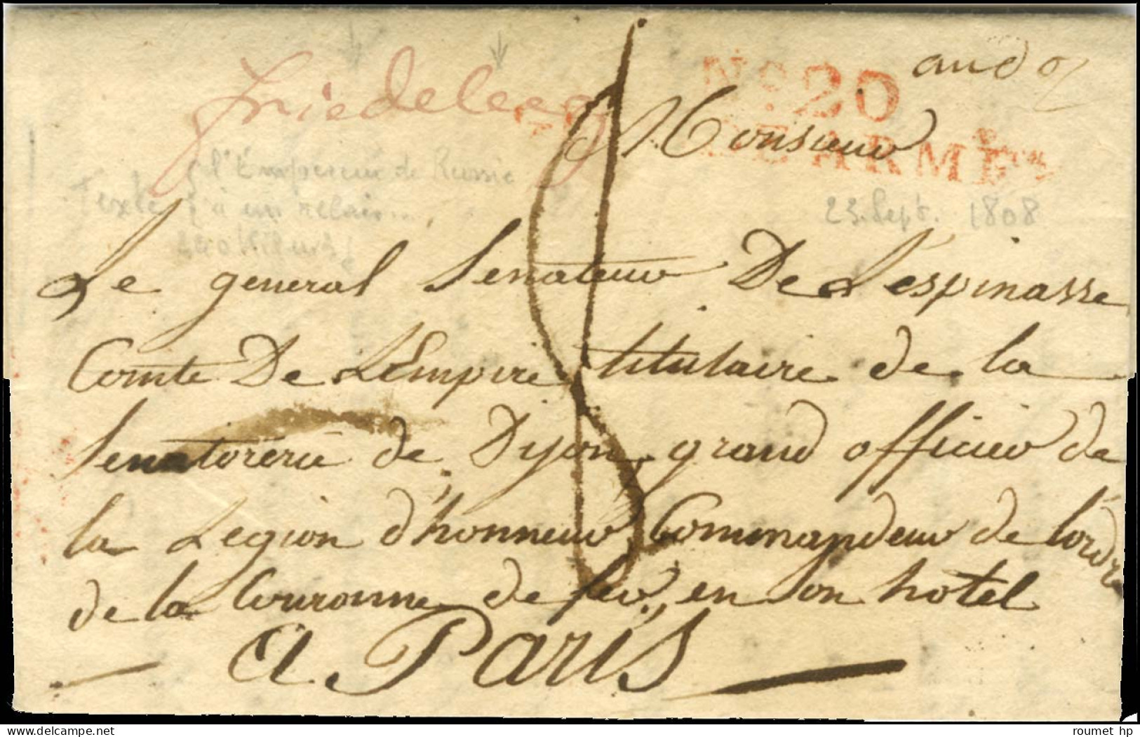 N° 20 / GRANDE-ARMÉE Rouge Sur LAS Lespinasse Avec Superbe Texte Mentionnant L'Empereur De Russie Daté Du 23 Septembre 1 - Legerstempels (voor 1900)