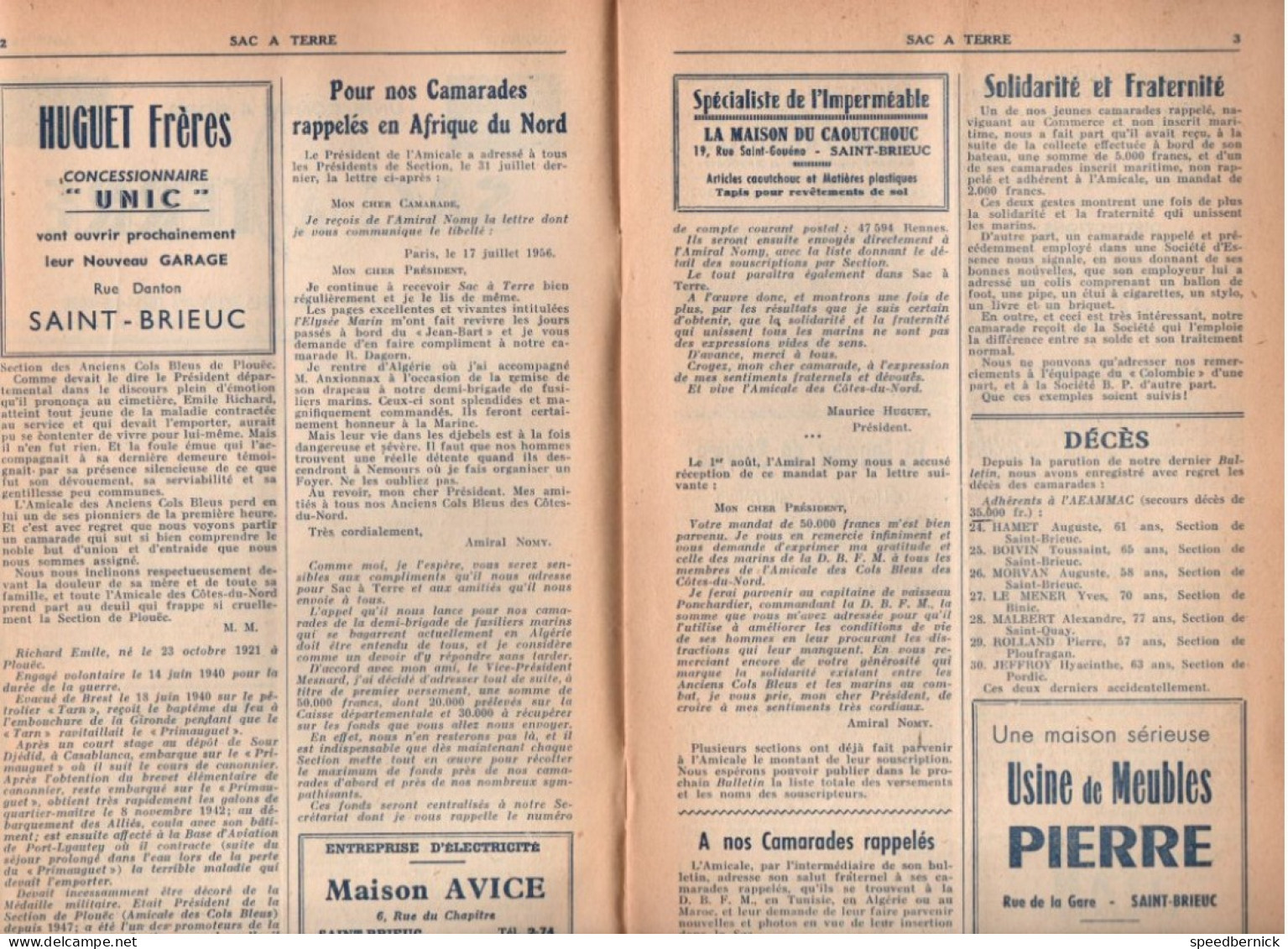 Revue Sac à Terre - Col Bleu - Marine Nationale Saint Brieuc 22 Bretagne N° 27 Aout 1956 Marin Soldat Publicité - Francese