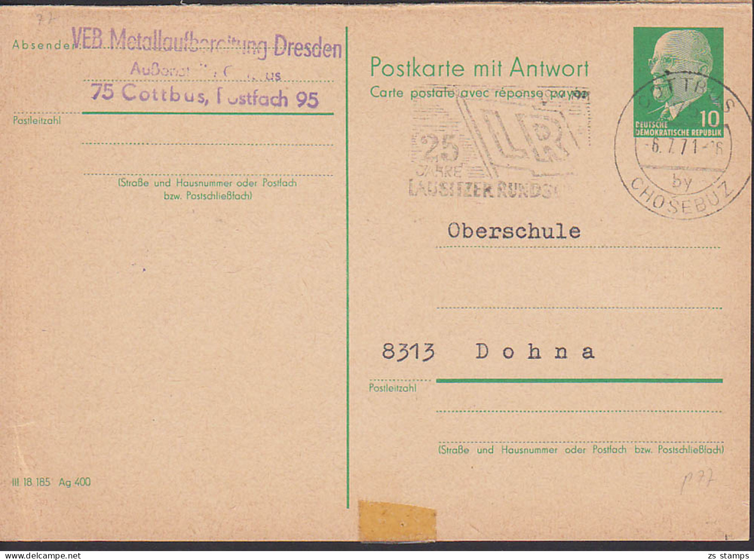 Cottbus 6.7.71, MWSt. 25 Jahre Lausitzer Ring 10 Pfg. Walter Ulbricht GA Frageteil P77  - Postales - Usados