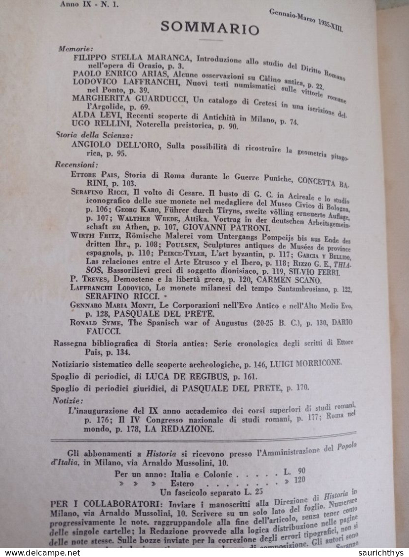 Historia Studi Storici Per L'antichità Classica A Cura Del Popolo D'Italia 1935 Diritto Romano Antichità In Milano - History, Biography, Philosophy