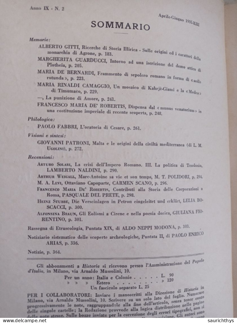 Historia Studi Storici Per L'antichità Classica A Cura Del Popolo D'Italia 1935 Crisi Dell'impero Romano Archeologia - History, Biography, Philosophy