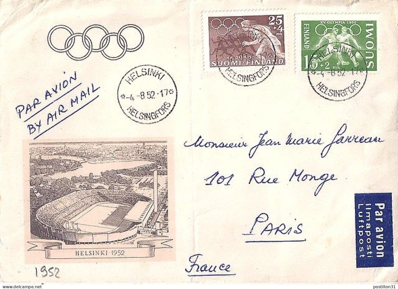 FINLANDE N° 388/389 S/L. DU 4.8.52 POUR LA FRANCE - Cartas & Documentos