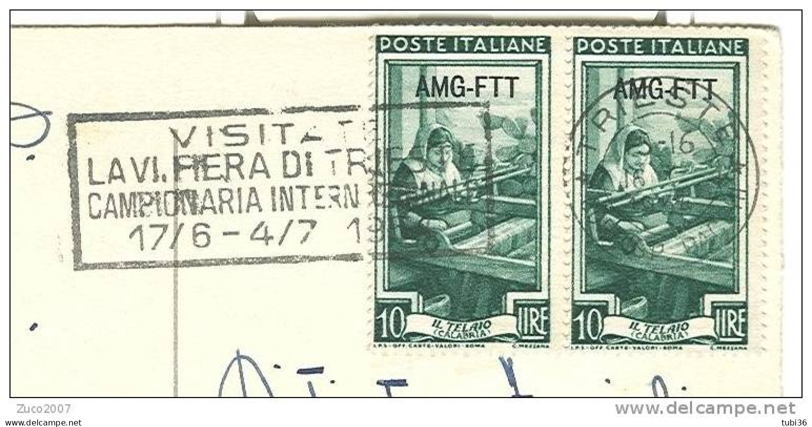 AFFRANCATURA ITALIA LAVORO AMF-FTT £.10 X 2 - CON TMBRO TRIESTE  E TARGHETTA  VISITATE LA FIERA DI TRIESTE  1954. - Poststempel