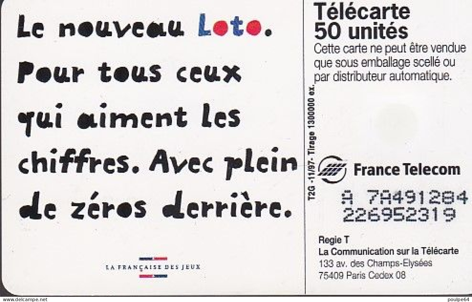 F801  11/1997 - LOTO NATIONAL - 50 SO3 - (verso : N° Deux Lignes - 2ème Ligne Vers La Gauche Sous A) - 1997