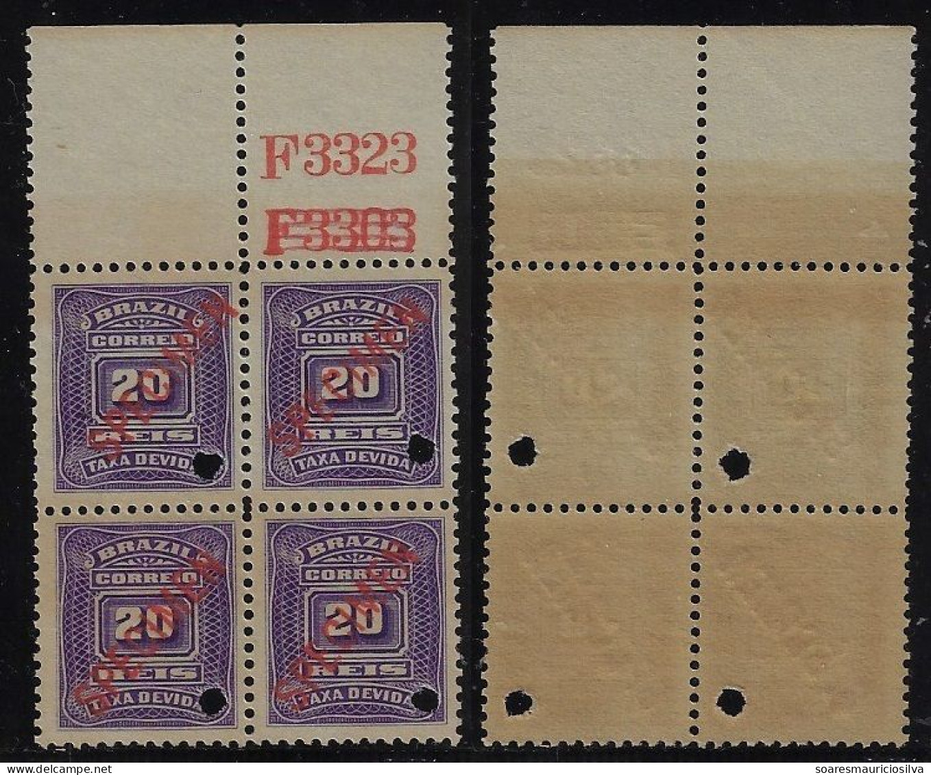 Brazil 1912 Block Of 4 Postage Due Stamp RHM-28 American Bank Note ABN 20 Réis Specimen Hole Overprint Mint - Portomarken