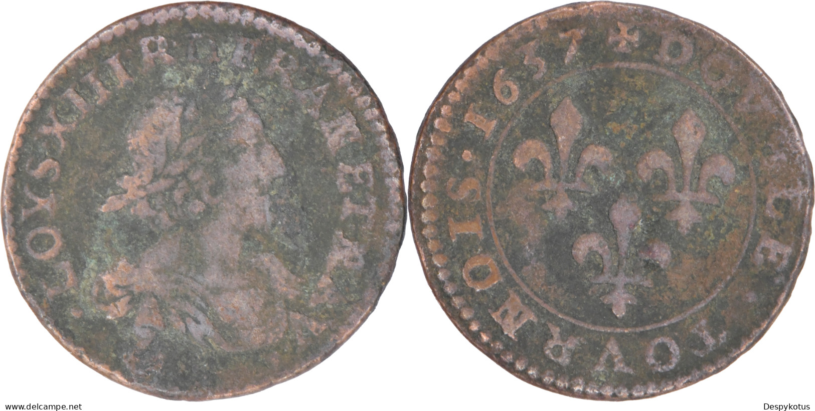 FRANCE - 1637 - LOUIS XIII - Double Tournois - Loire-Rhône - 16-136 - 1610-1643 Luigi XIII Il Giusto