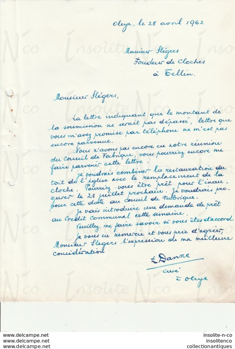 Courrier Adressé à Slégers Fondeur De Tellin Rappel De Fourniture De La Soumission Fourniture De La Cloche 28 Avril 1962 - Old Professions