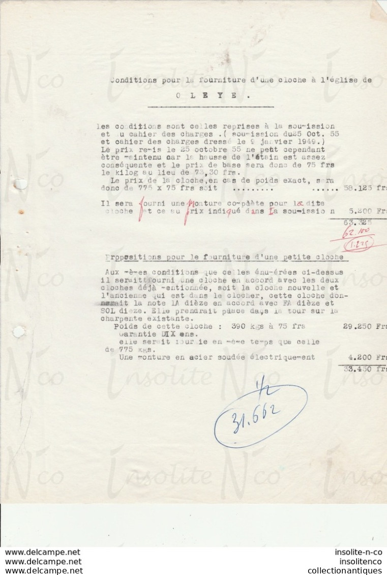 Lettre Papier Pelure Adressé à L'abbé Danze D'Oleye Pour La Fourniture D'une Troisième Cloche  Datée Du 19/02/1962 - Old Professions