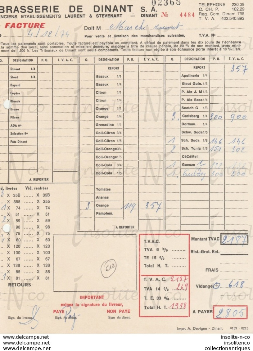 Facture De La Brasserie De Dinant (Anc Laurent & Stevenart) Adressée Au Marché Couvert Datée Du 04/12/74 - Straßenhandel Und Kleingewerbe