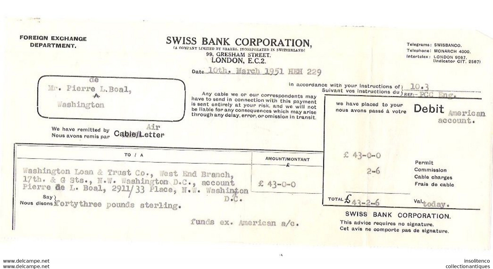 Swiss Bank Corporation - London - 1951 - Pierre De Lagarde Boal - Foreign Exchange Funds - Verenigd-Koninkrijk