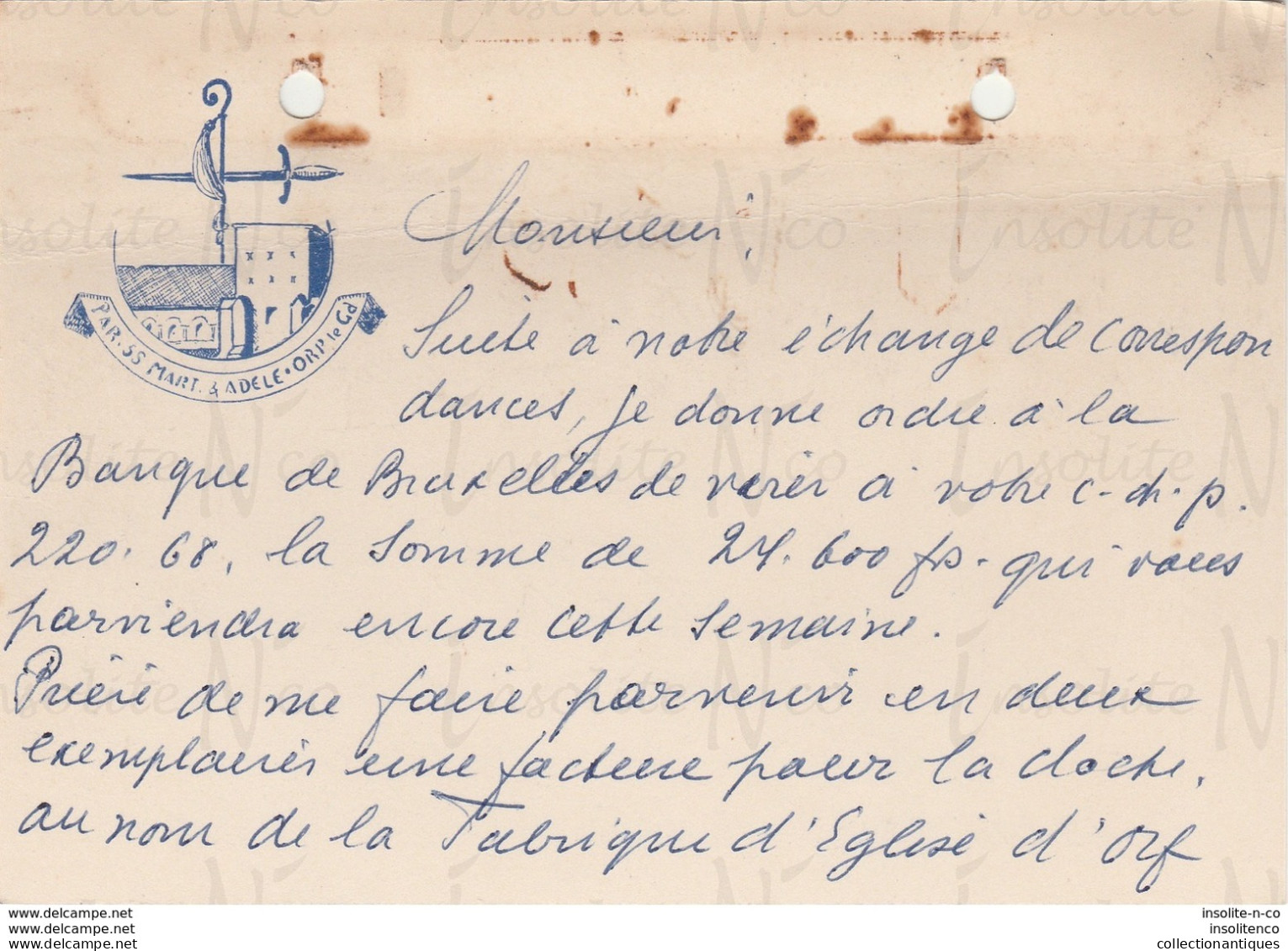 Courrier Manuscrit Révérend Doyen Poskin D'Orp-le-Grand Daté 17/10/1955 Paiement Cloche - Old Professions