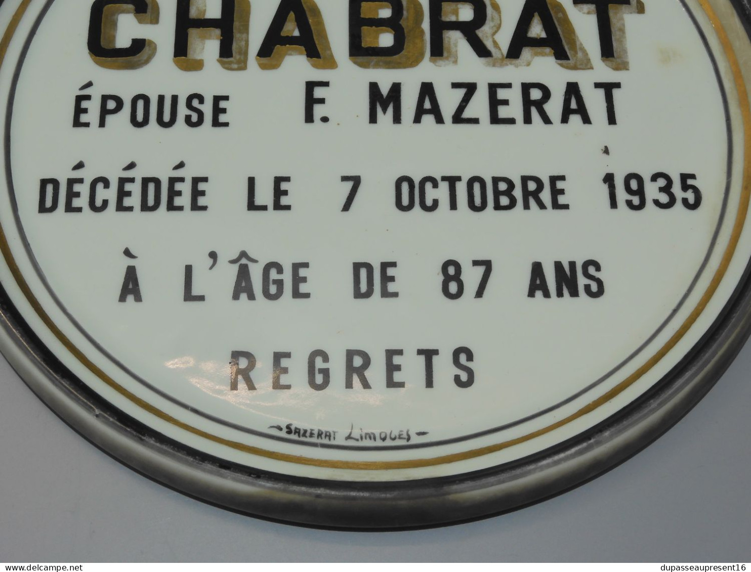 -PLAQUE MORTUAIRE RONDE PORCELAINE LIMOGES SAZERAT  1935 CABINET CURIOSITES   E - Limoges (FRA)