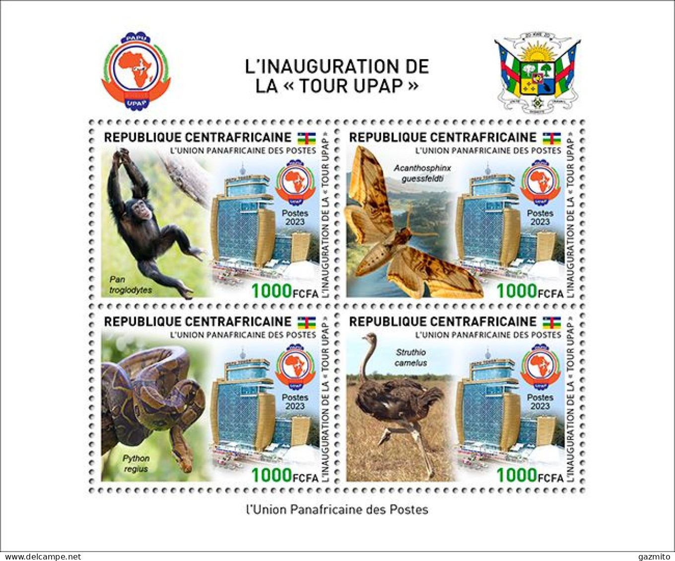 Centrafricana 2023, PAPU, Monkey, Moths, Snake, Stork, 4val In Block - Ostriches