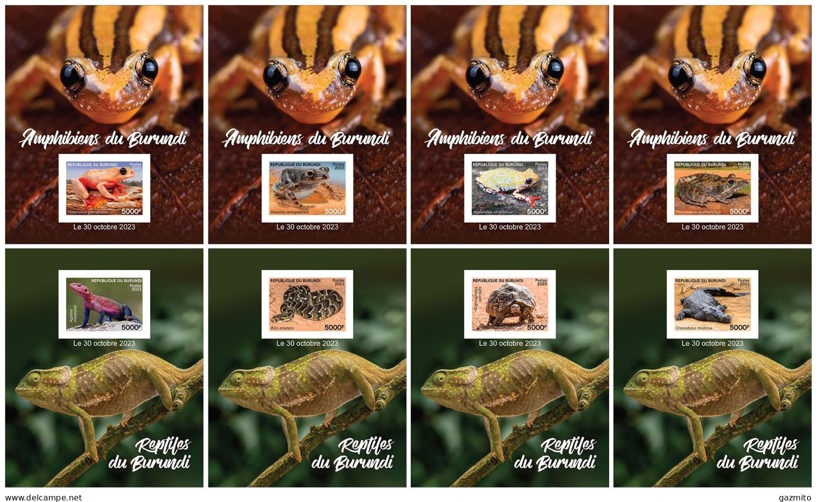 Burundi 2023, Anphibius, Frogs, Turtrle, Snake, Crocodile, 8BF IMPERFORATED - Unused Stamps