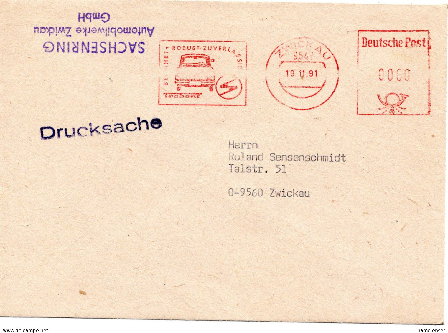 60759 - Bund - 1991 - 60Pfg AbsFreistpl A DrucksOrtsBf ZWICKAU - ... TRABANT ... - Coches