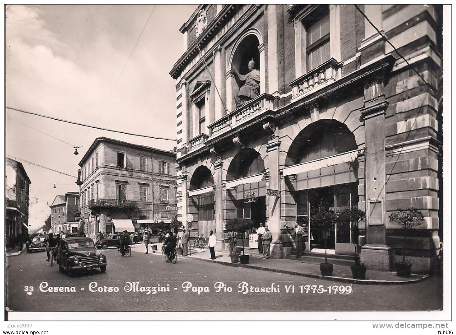 CESENA, CORSO MAZZINI, B/N ANIMATA, AUTO D'EPOCA, VIAGGIATA  1956, TIMBRO POSTE  MESS. ANCONA -MILANO - Cesena