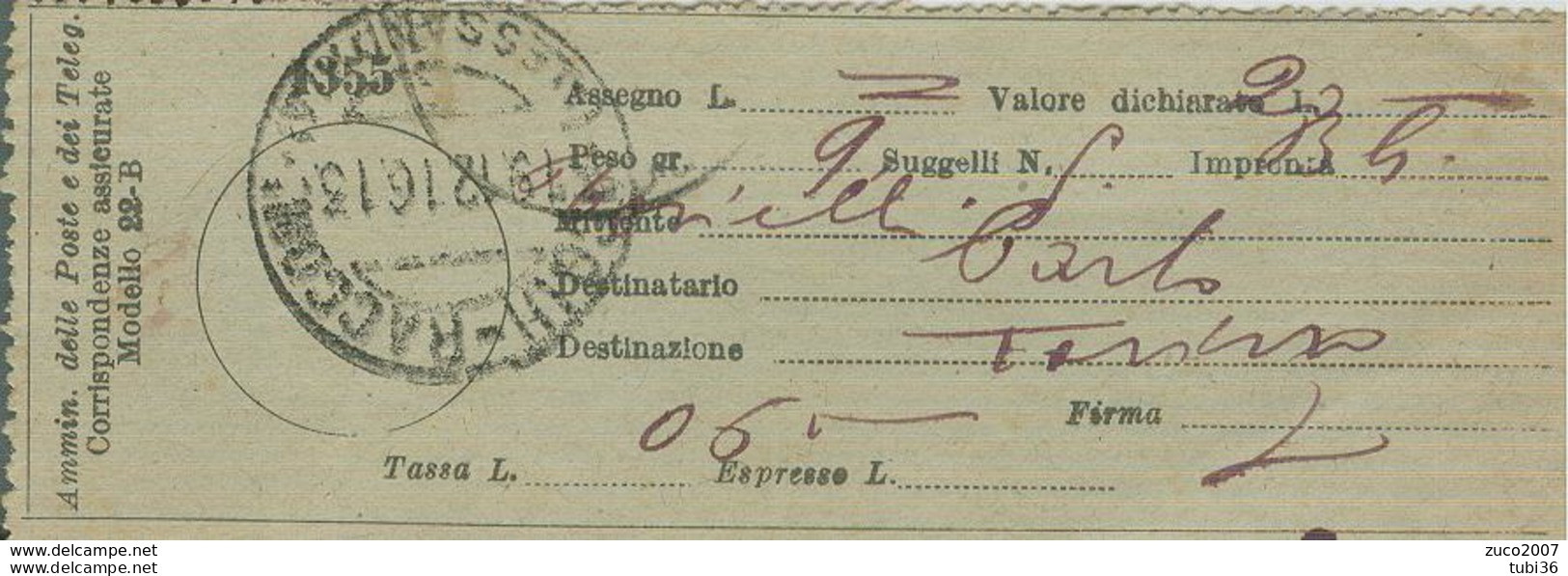 RICEVUTA  RACCOMANDATA ASSICURATA VALORE DICHIARATO,MODELLO 22-B,1916,TIMBRO POSTE ALESSANDRIA,RR - Versichert