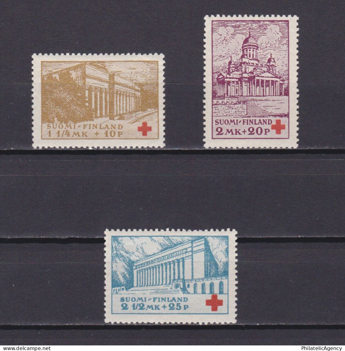 FINLAND 1932, Sc# B9-B11, Semi-postal Stamps, Architecture, Helsinki, MH - Unused Stamps