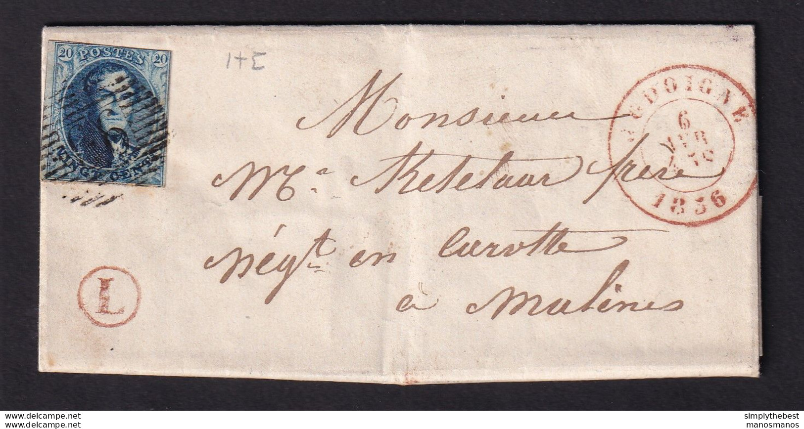 DDAA 593 -- Lettre TP Médaillon Déf. 20 C  Barres 66 JODOIGNE 1856 Vers MALINES - Boite L En Rouge De AUTRE-EGLISE - Posta Rurale