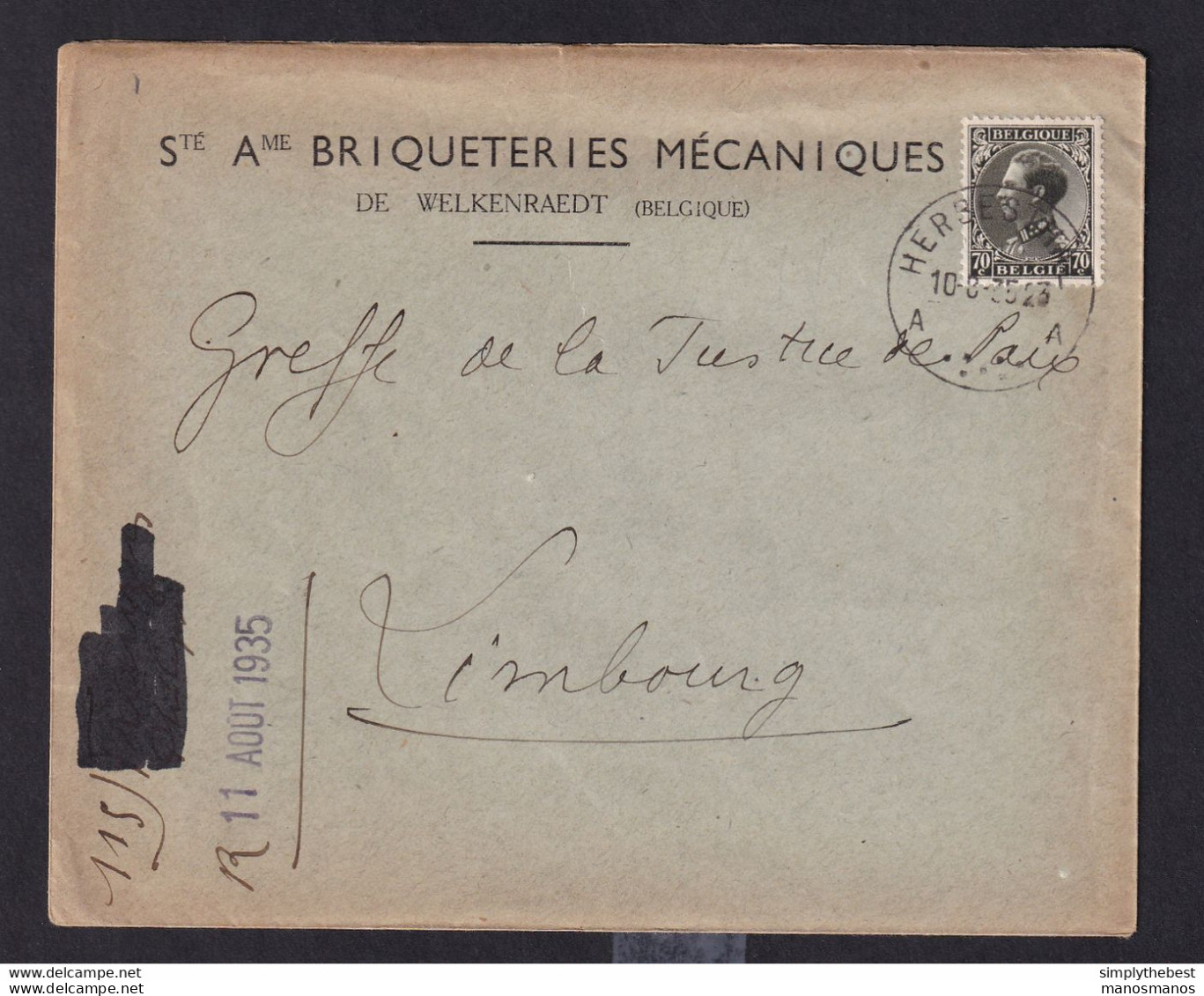 DDAA 458 - CANTONS DE L'EST - S.A. Briqueteries Mécaniques De WELKENRAEDT - Enveloppe TP Col Fermé HERBESTHAL 1935 - 1934-1935 Leopold III