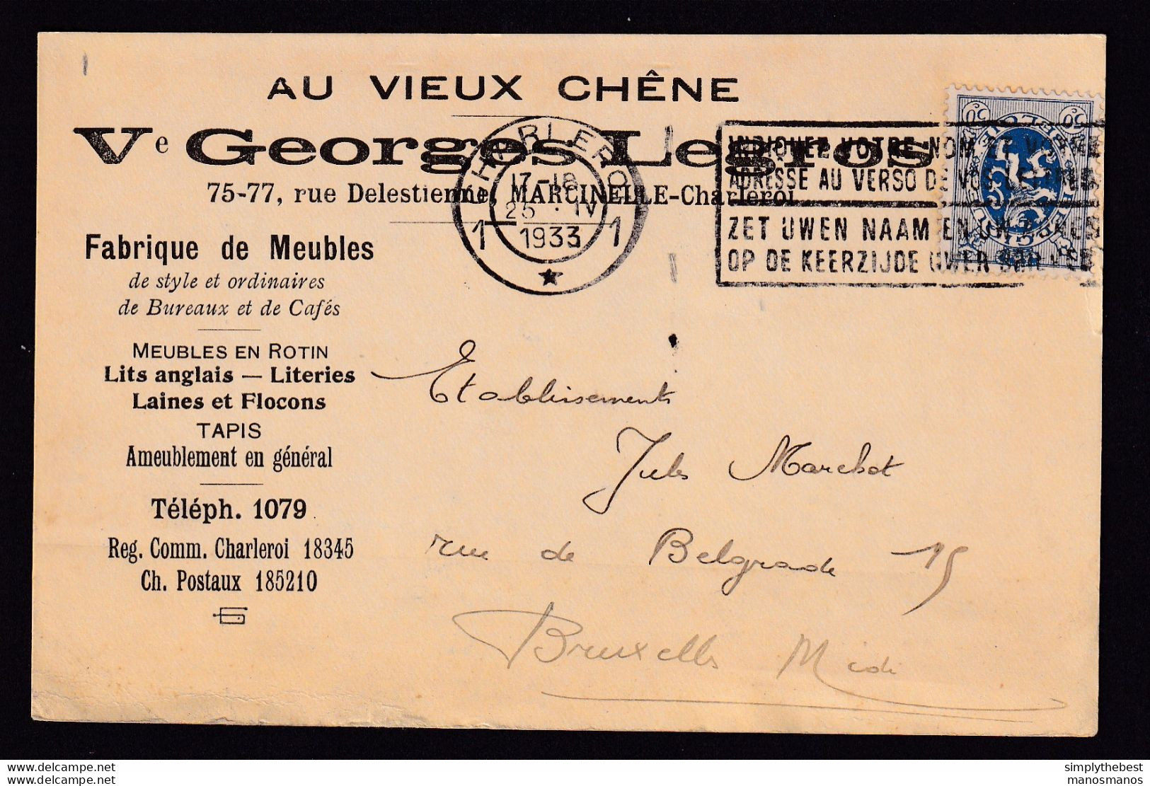 DDBB 158 - Carte Privée TP Lion Héraldique CHARLEROI 1933 - Entete Au Vieux Chene , Vve Legros , Meubles à MARCINELLE - 1929-1937 Heraldic Lion