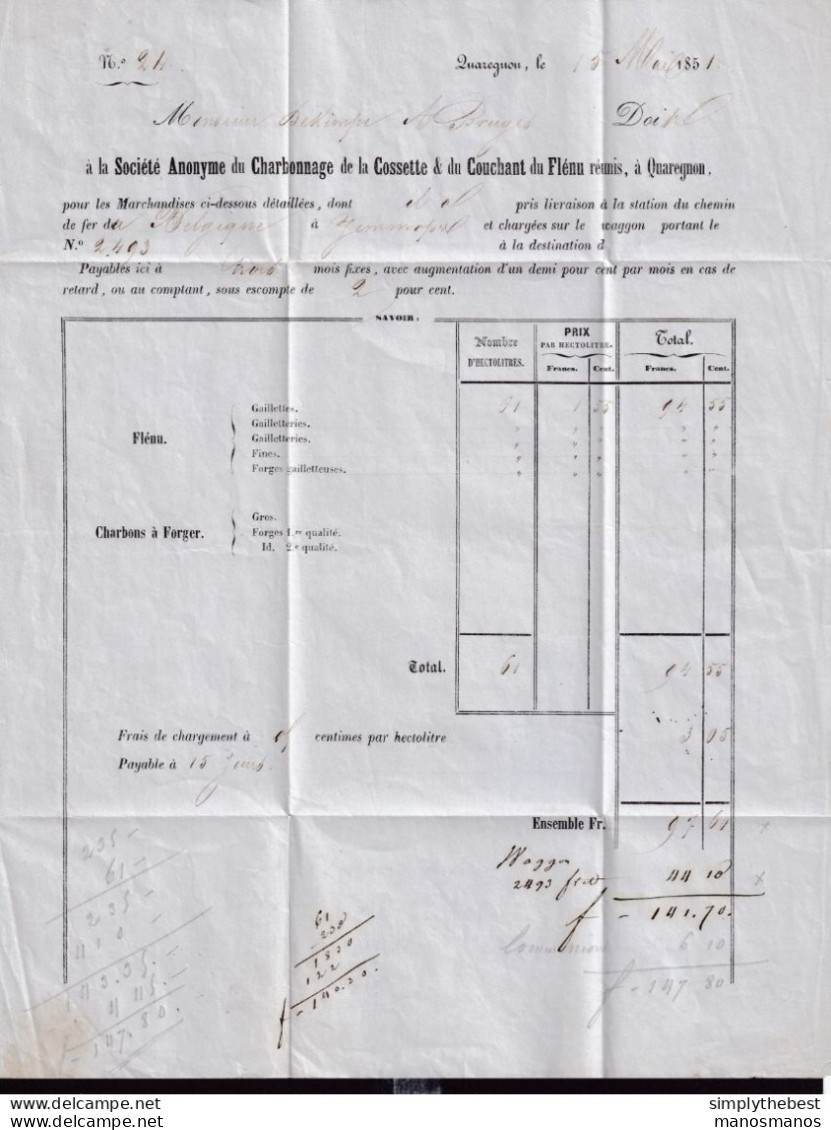 DDEE 681 -- Lettre TP 4 Médaillon JEMMAPPES 1851 Vers BRUGES - Entete Charbonnage De La Cossette à QUAREGNON - 1849-1850 Médaillons (3/5)