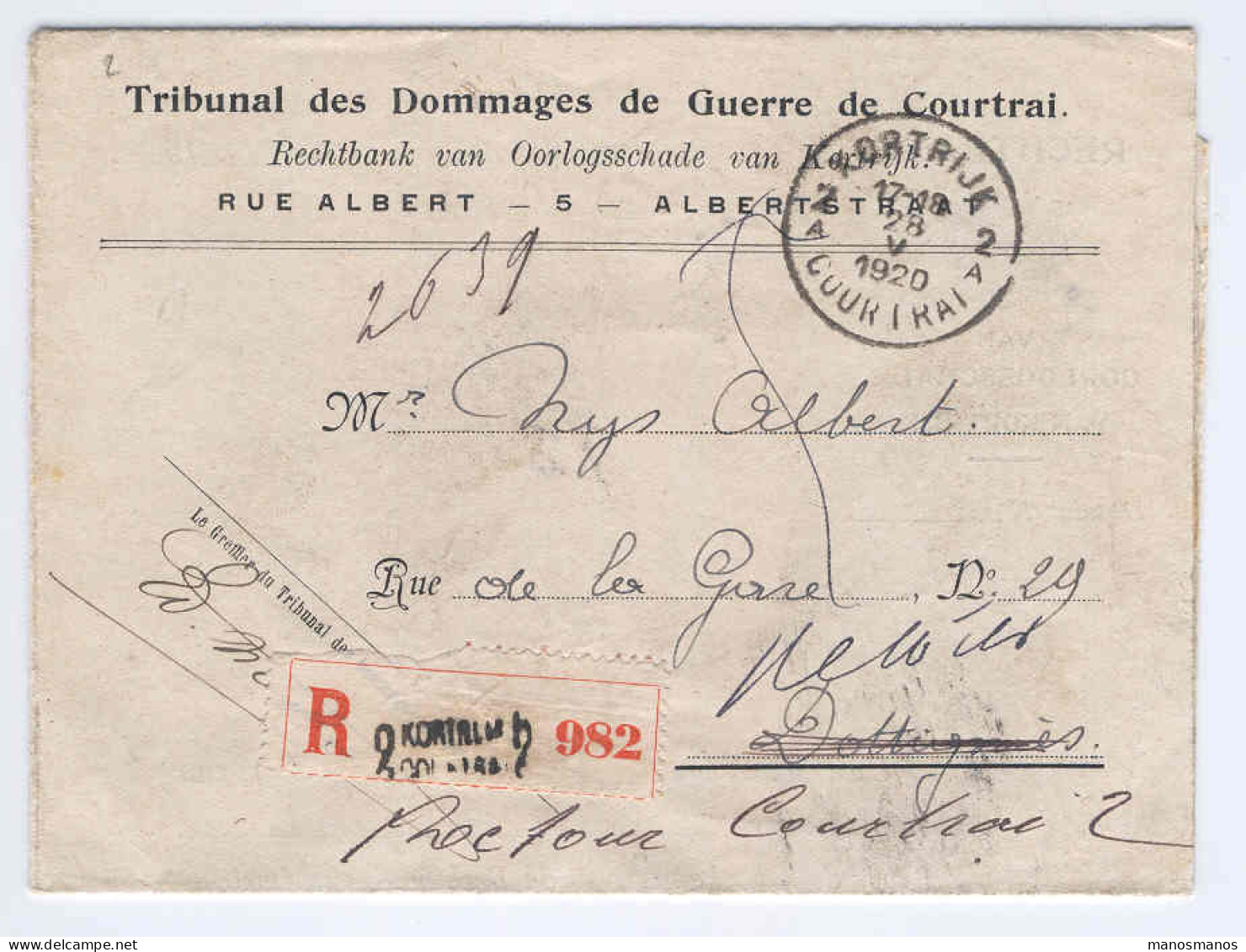 Lettre Reco 1920 En FRANCHISE COURTRAI 2 Vers DOTTIGNIES Et RETOUR  - Verso TB Recherches --  2476 - Portofreiheit