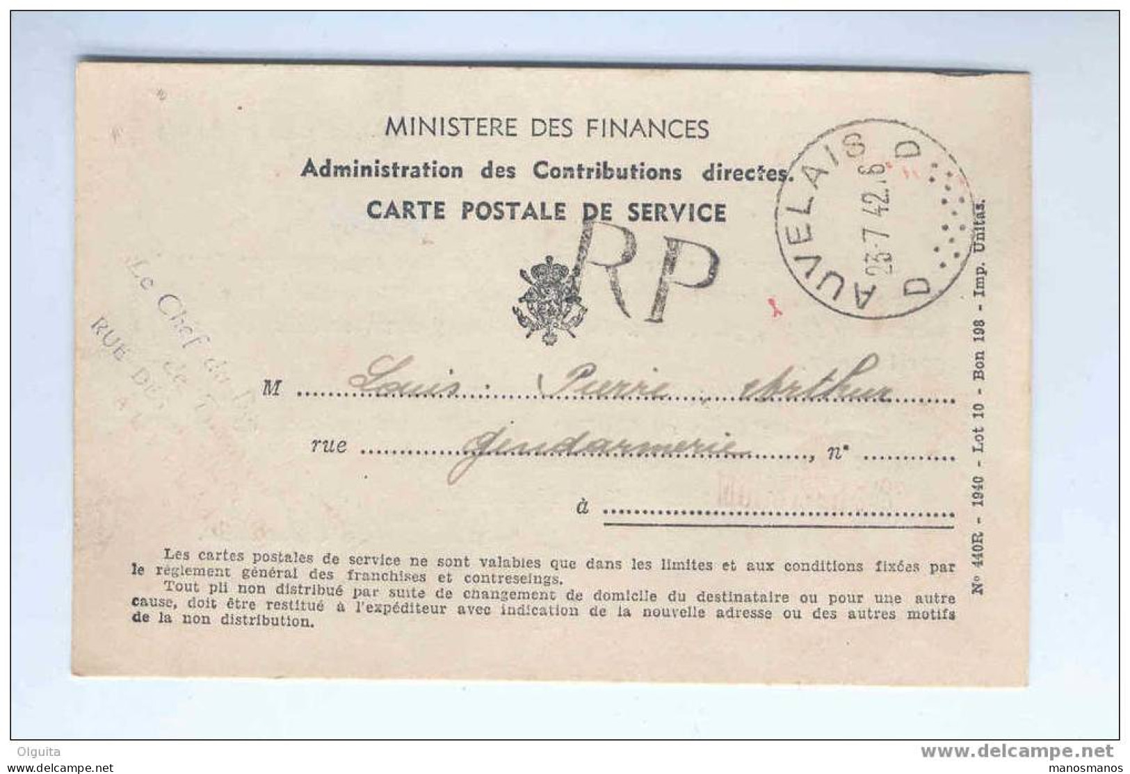 Carte De Service RP En Franchise AUVELAIS 1942 Vers La Ville  --  5/356 - Franchise