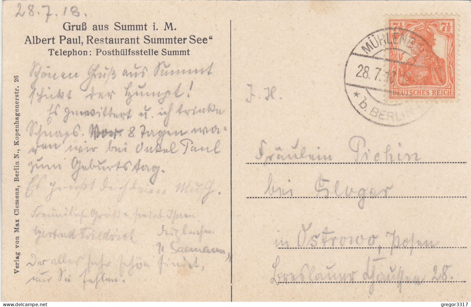 D8388) SUMMTER SEE - Gruß Aus SUMMT I. M. - Albert Paul - Mühlenbeck B. Berlin 28.7.1918 - Muehlenbeck