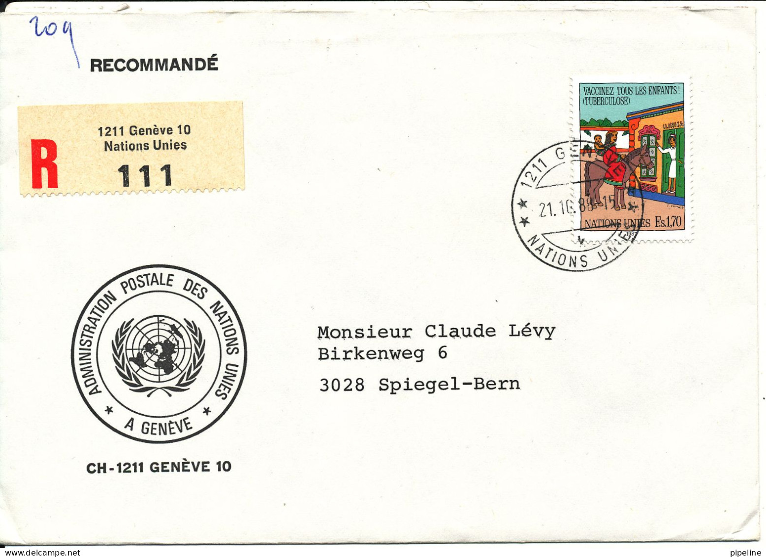 UN Geneve Registered Cover Sent To Bern 21-10-1988 Single Franked - Lettres & Documents