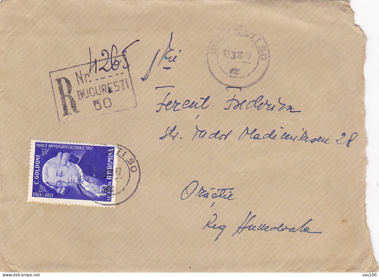 CARLO GOLDONI- WRITER, STAMP ON REGISTERED COVER, 1959, ROMANIA - Lettres & Documents