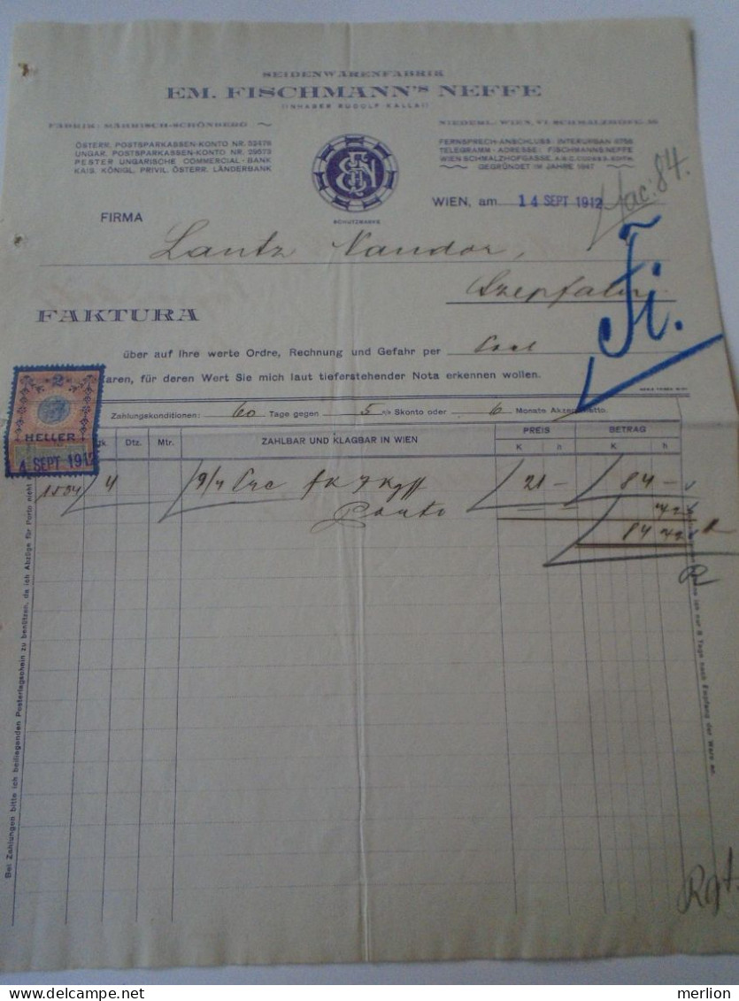 ZA470.28 Old Invoice  Austria -Em. Fischmann's Neffe  WIEN 1912 Sent To Nandor LANTZ Temesszépfalu Banat Hungary Romania - Oostenrijk