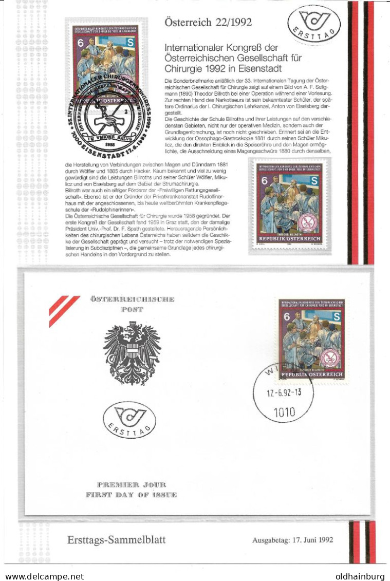 3253v: Österreich 1992, Kongreß Für Chirurgie In Eisenstadt, Speziallot **/ O/ FDC Mit Beschreibung - Secourisme