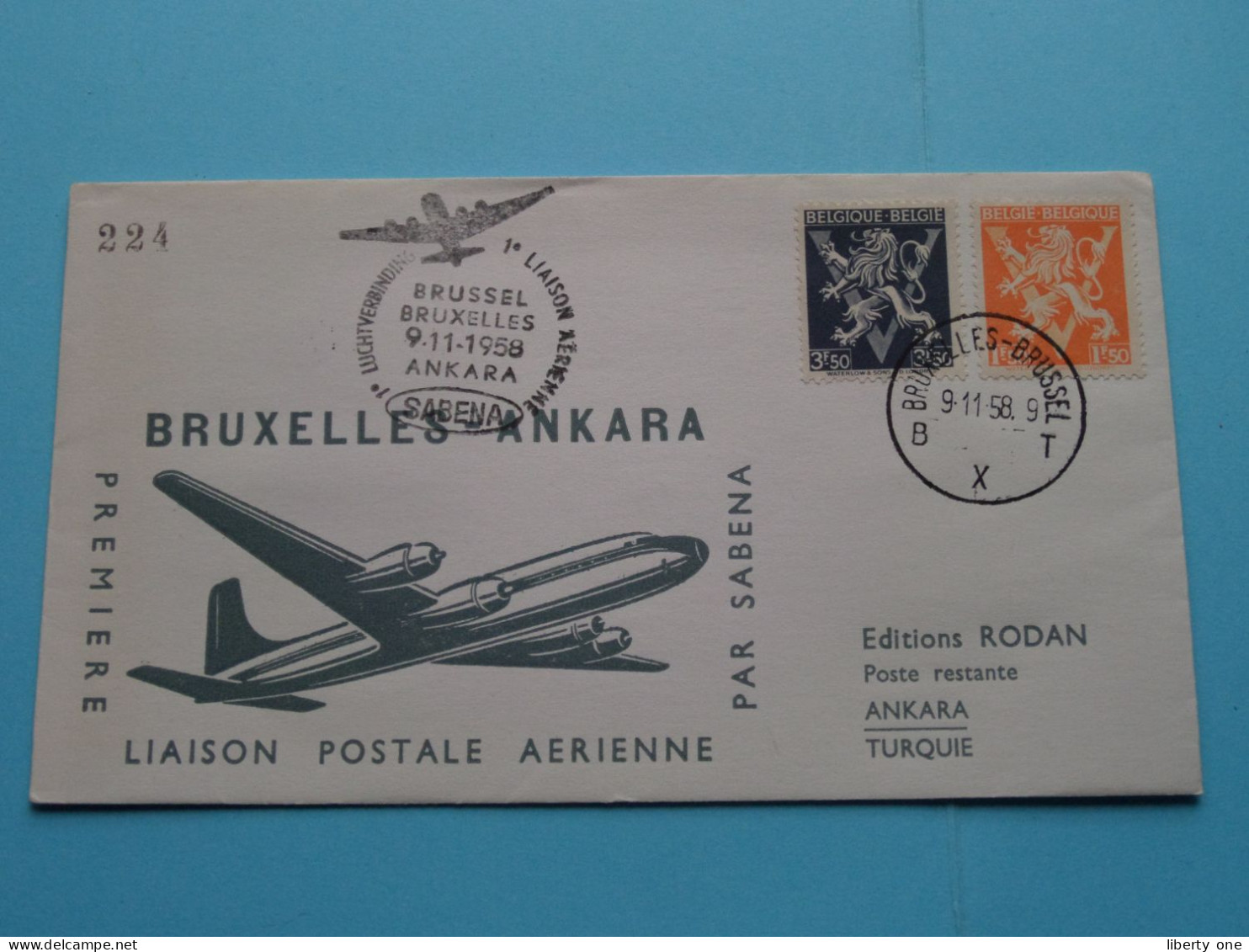 BRUXELLES - ANKARA ( N° 224 ) Liaison Postale AERIENNE Par SABENA1958 ( Voir / See Photo ) Edit. RODAN Turquie ! - 1951-1960