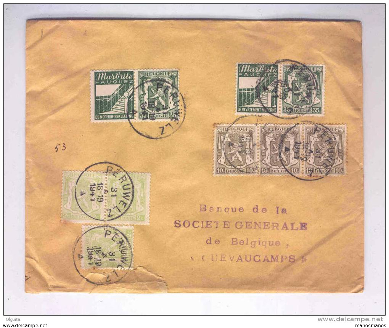 Lettre Timbres Divers , Dont  2 PUBS 35 C Sceau De L'Etat , PERUWELZ 1941 --  B1/497 - Sonstige & Ohne Zuordnung