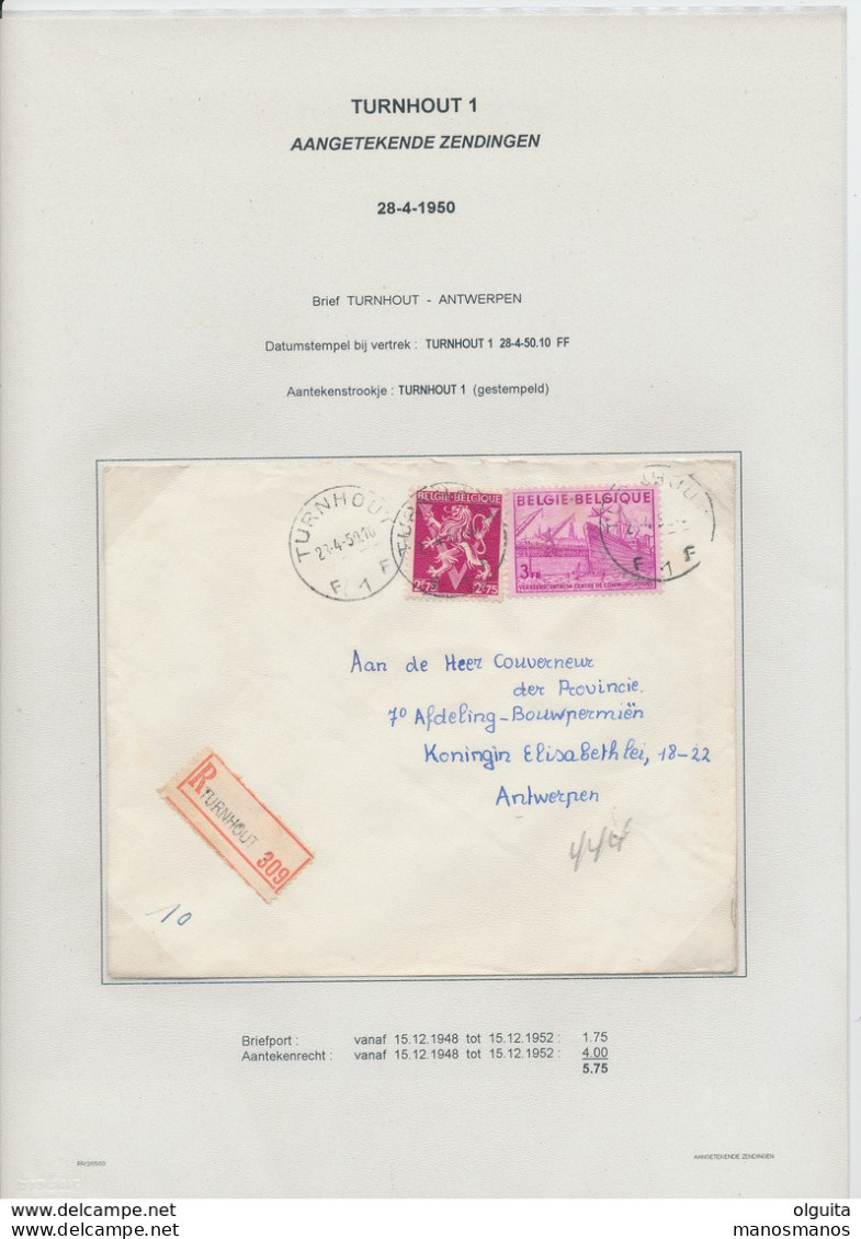 26/439 - Lettre Recommandée TP Exportation Et Lion V TURNHOUT 1950 Vers ANTWERPEN - TARIF 5 F 75 - 1948 Export