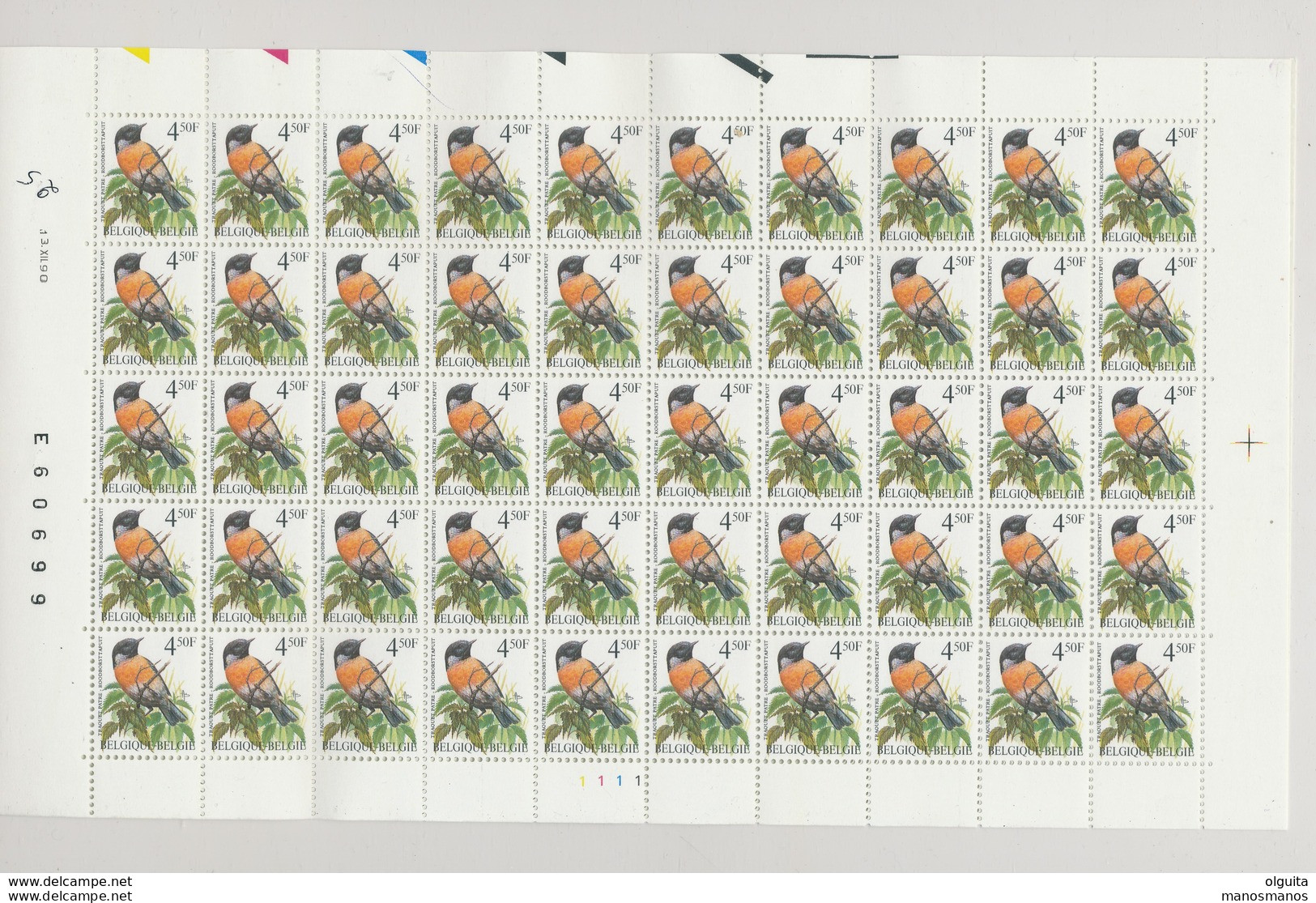 DT 816 --  BELGIUM BIRDS - Feuille Complète 50 Oiseaux BUZIN - Valeur 4.50 FB - No De Planche 1 -  Neuf Sans Charnières - 1991-2000