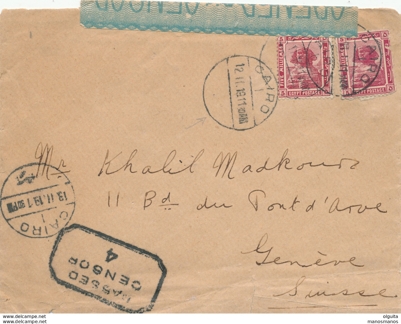 DDW 002 -- EGYPT WWI CENSORSHIP -  Envelope CAIRO 1919 To Suisse - Black Censor 4 (Type C3c) - 1915-1921 Protettorato Britannico