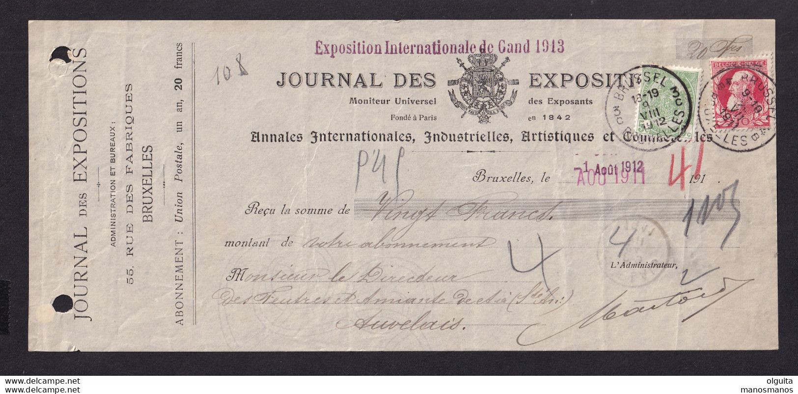 DDZ 688 - BELGIUM International Exhibition GAND 1913 - Reçu BXL 1912 Du Journal Des Expositions - Présenté 2 Fois - Autres & Non Classés