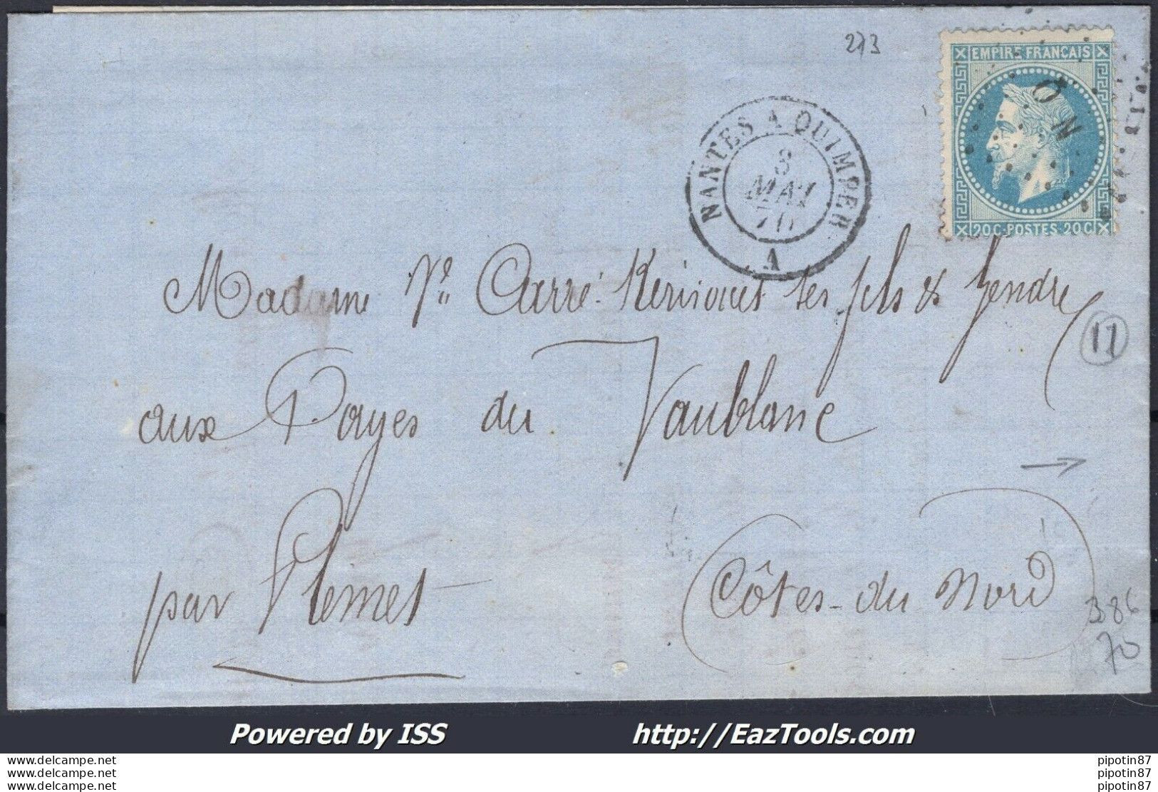 FRANCE N°29B SUR LETTRE CACHET AMBULANT NQ NANTES A QUIMPER + CAD DU 03/05/1870 - 1863-1870 Napoleon III With Laurels