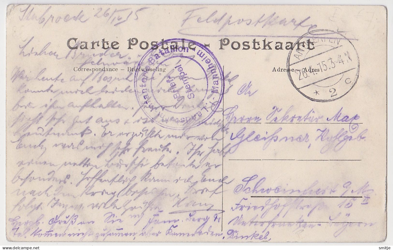 STABROEK 1915 FELDPOST - HET FORT MET MILITAIREN KLEINE ANIMATIE - HOELEN KAPELLEN 3698 - LANDSTURM BATAILLON MANNHEIM - Stabroek